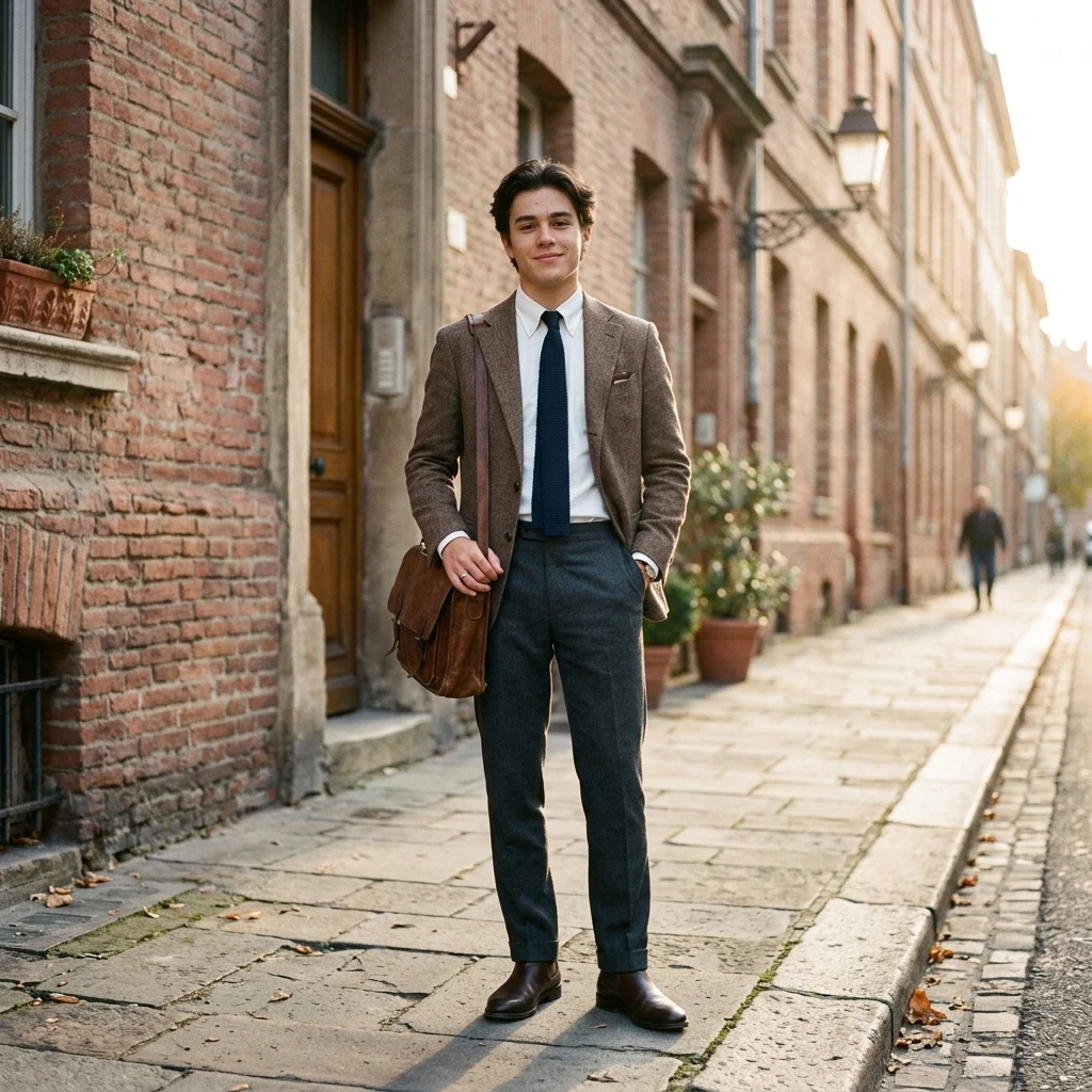 Person in classic attire on a city street