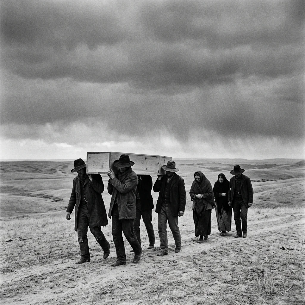 A pioneer funeral procession walking across a barren prairie ridge