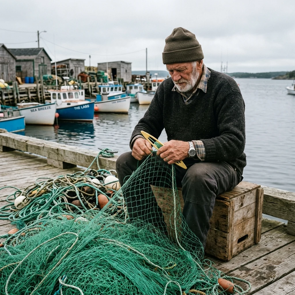 An elderly fisherman sitting on an upturned wooden crate on a harbor dock
