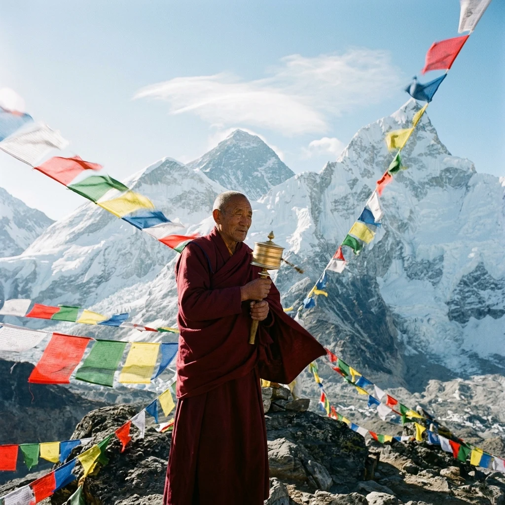 A Buddhist monk spinning a brass prayer wheel on a windswept pass in the Himalayas