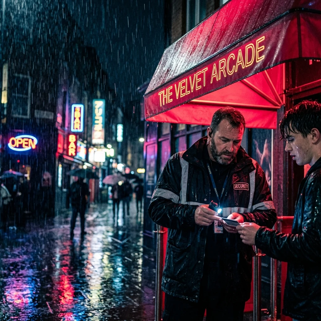 A doorman under a red awning checking IDs in the rain