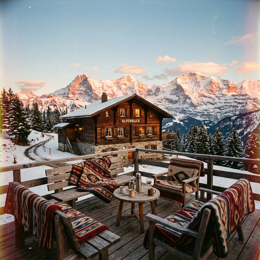 Cozy mountain lodge at golden hour
