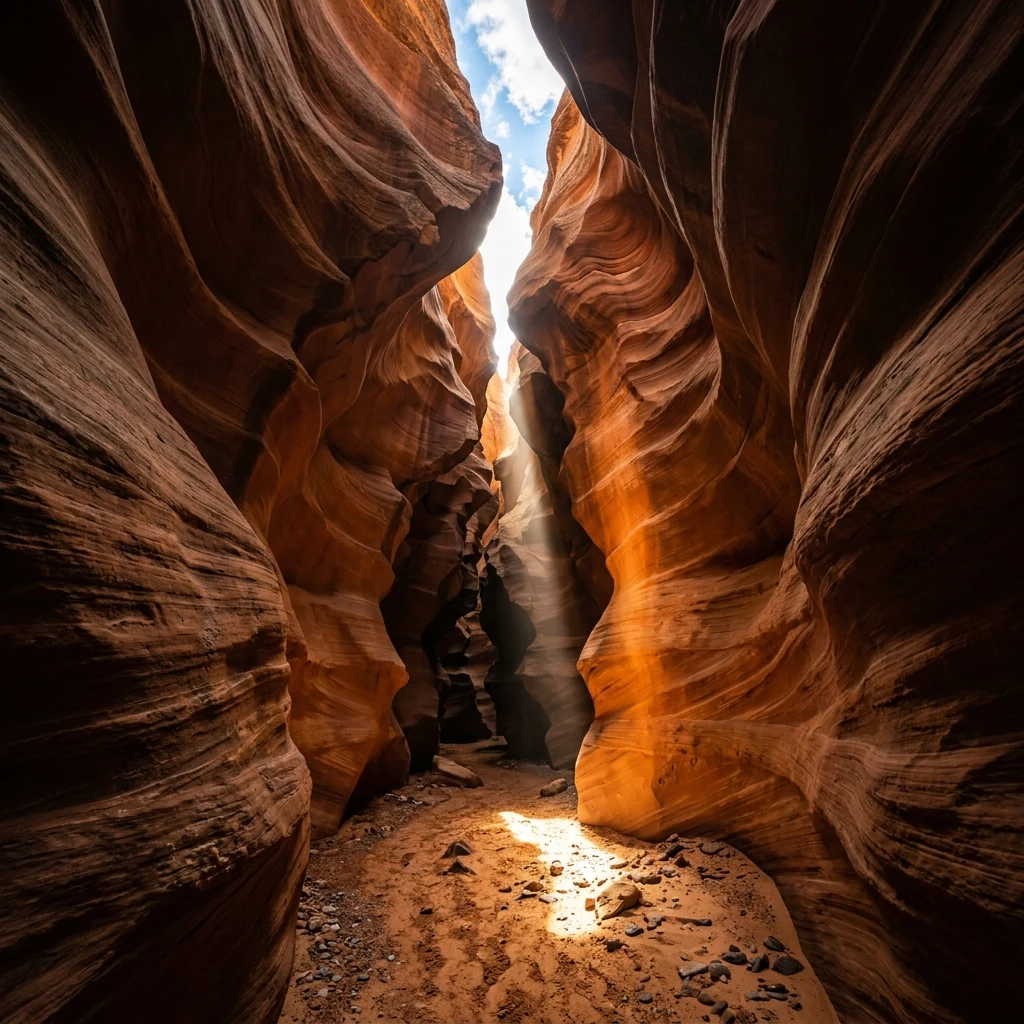Sunlight shining into a slot canyon