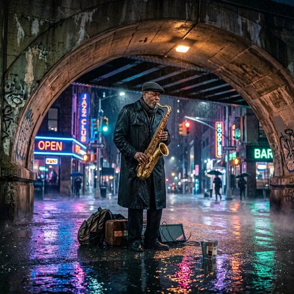 A street musician playing saxophone under a rain-dripping bridge archway at night
