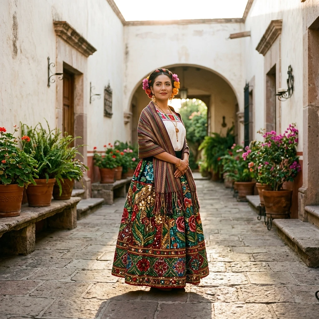 Traditional dress in a sunlit courtyard