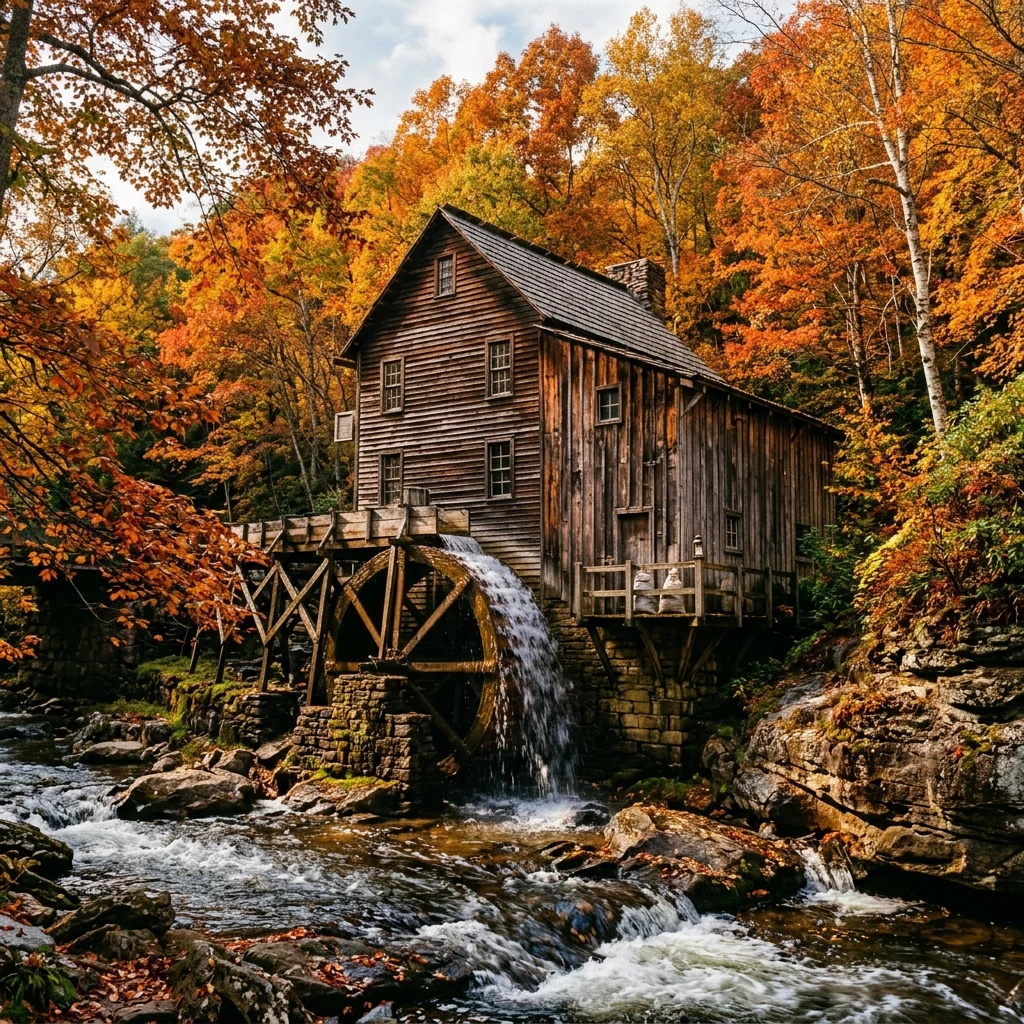 Old wooden mill by a rushing autumn stream