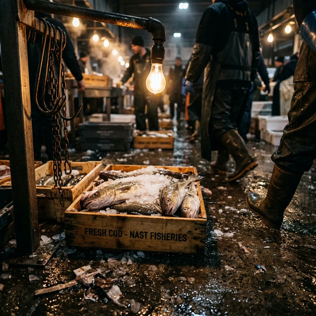A pre-dawn fish market on wet harbor concrete
