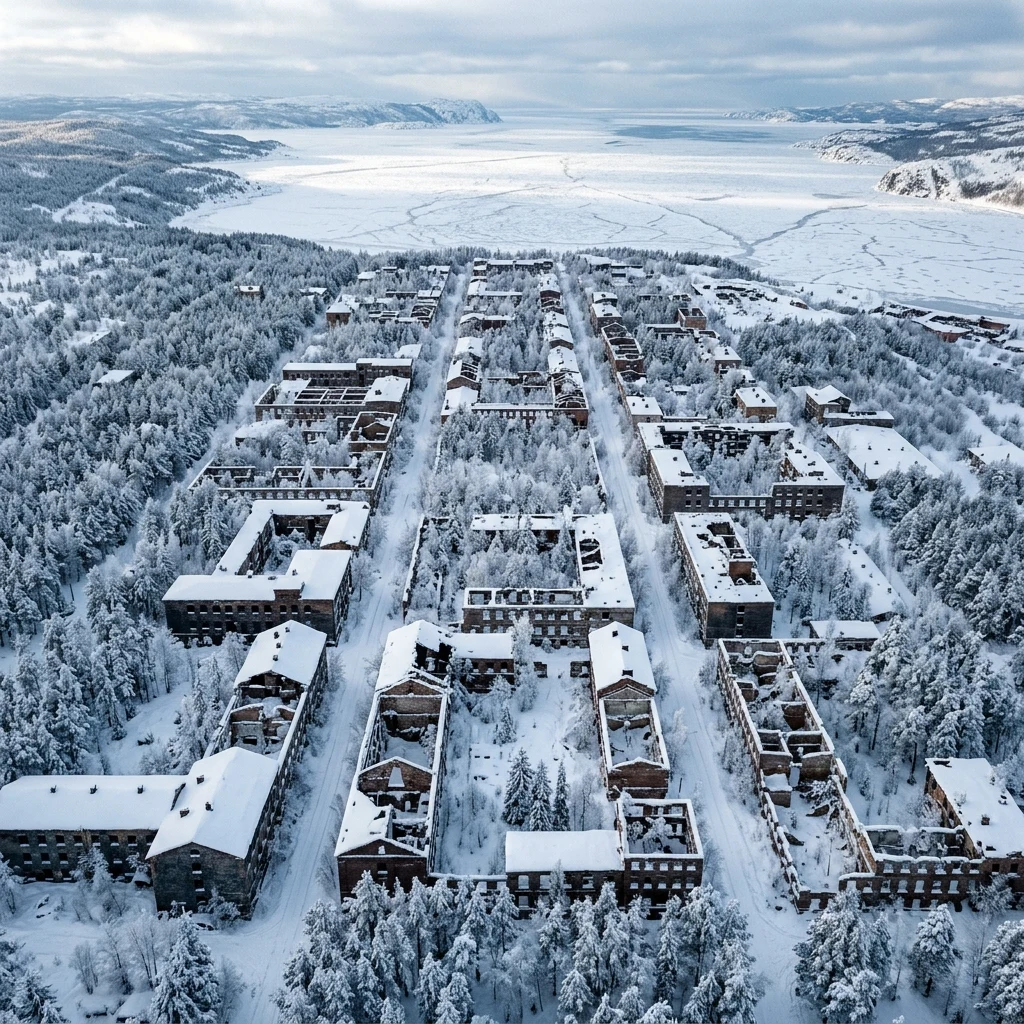 An aerial drone shot of a rewilded forest in deep winter