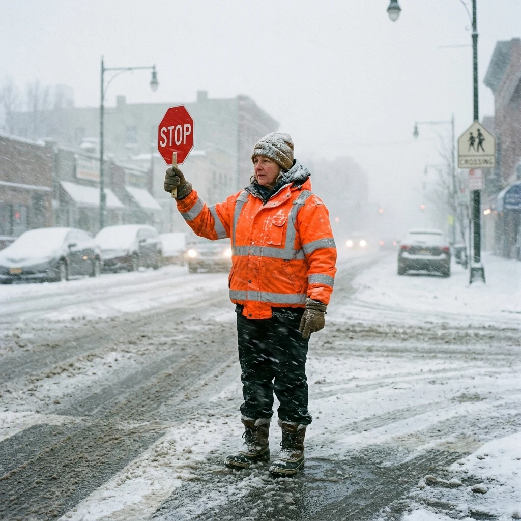 A school crossing guard in high-visibility gear standing in blowing snow