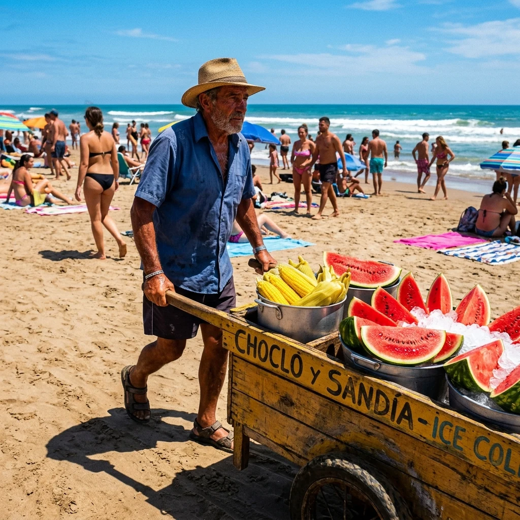 Vendor selling fresh fruit on a sunny beach