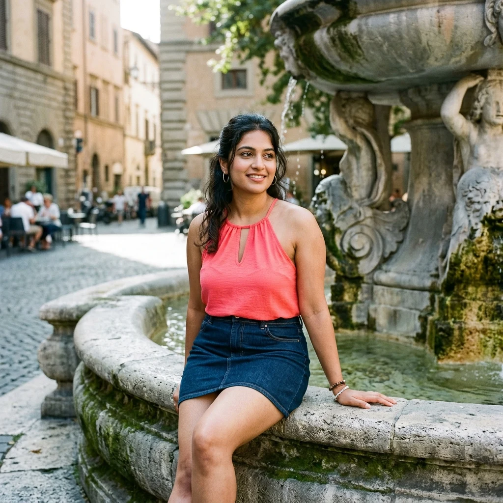 Woman resting by a historic stone fountain