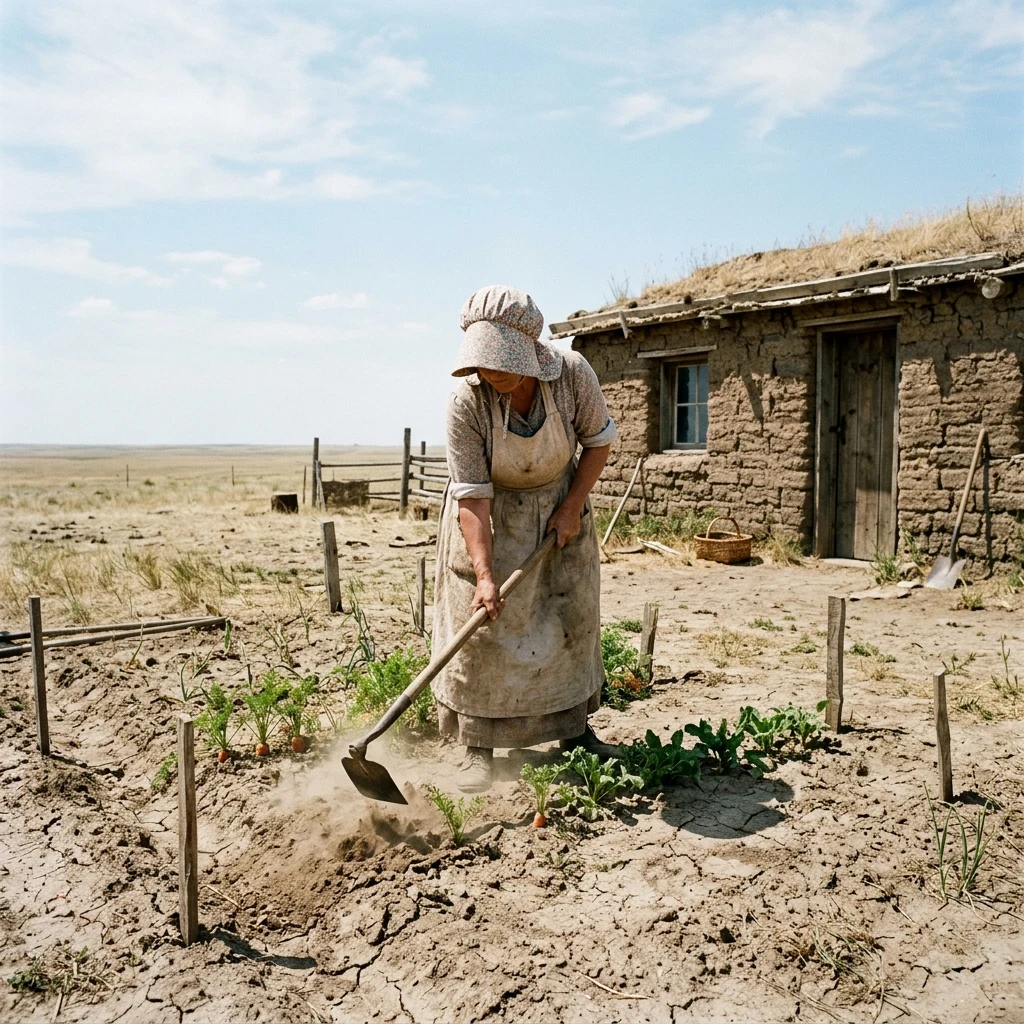 A pioneer woman in a calico sunbonnet and apron hoeing a dry garden patch behind a sod…