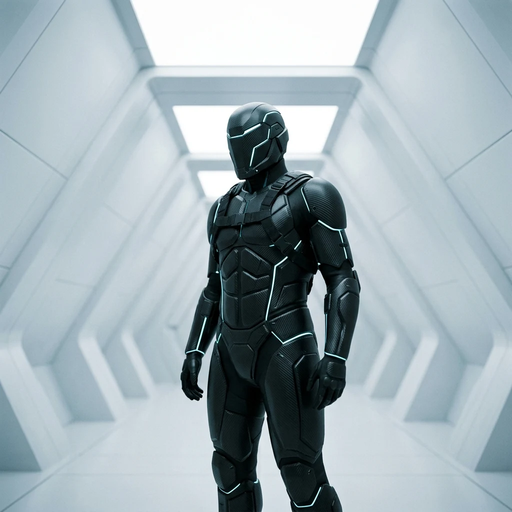 Futuristic figure in a white corridor