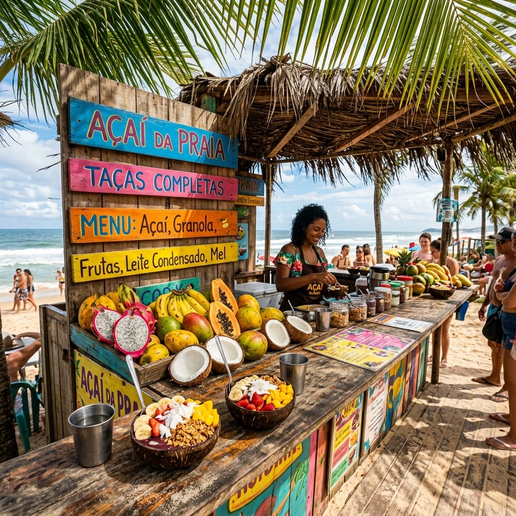 A vibrant beachfront food stall serving acai bowls in Pipa
