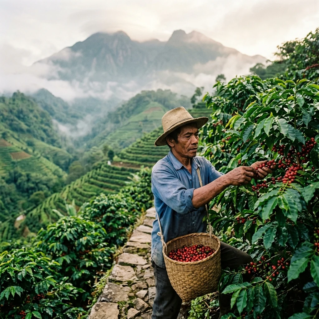 A farmer harvesting coffee cherries on a steep terraced hillside in the Barisan Mountains