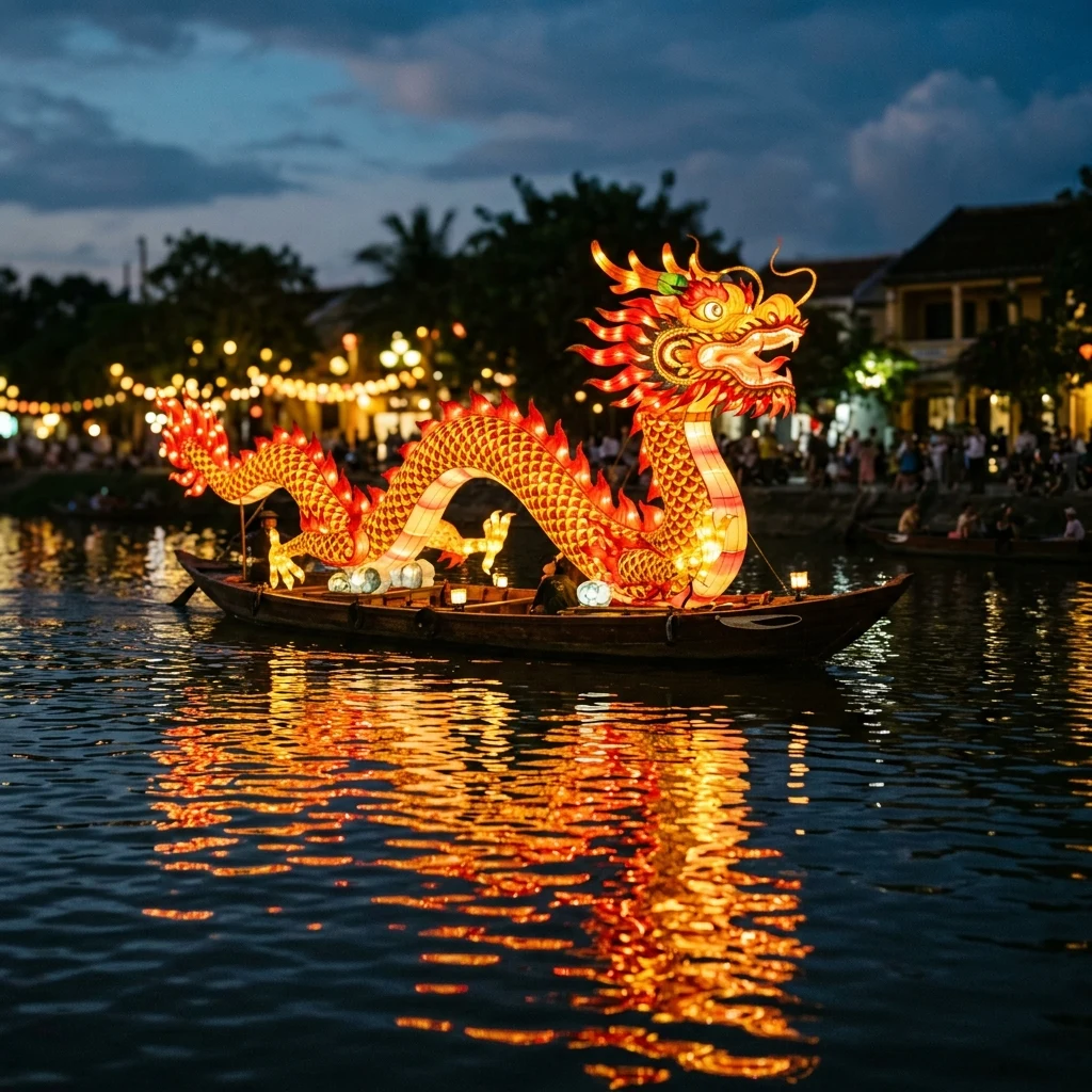 A massive dragon-shaped paper lantern floating on a river during the Mid-Autumn Festival…
