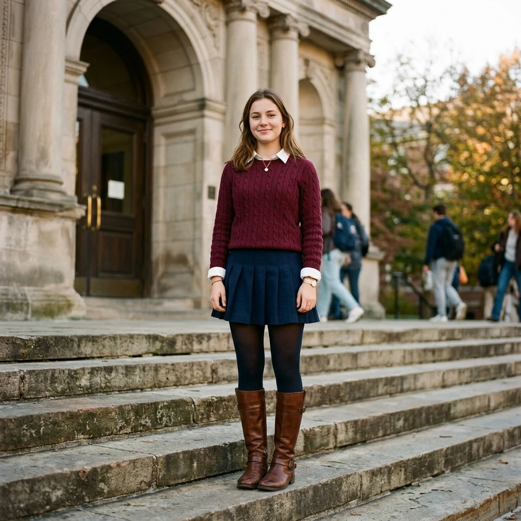 Student resting on library steps at sunset