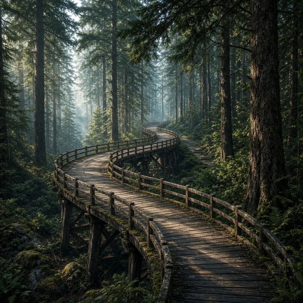 Winding wooden bridge through a pine forest