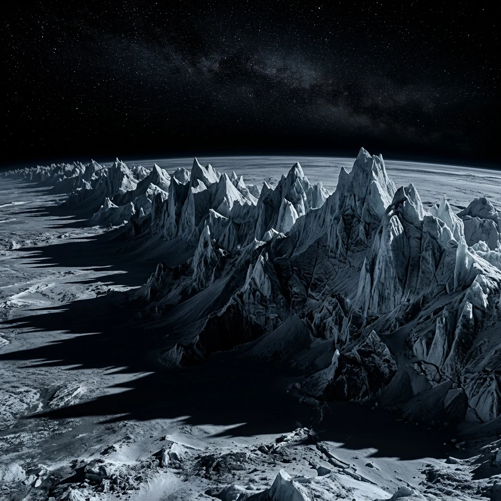 A surface render standing on the walnut-like Equatorial Ridge of Iapetus