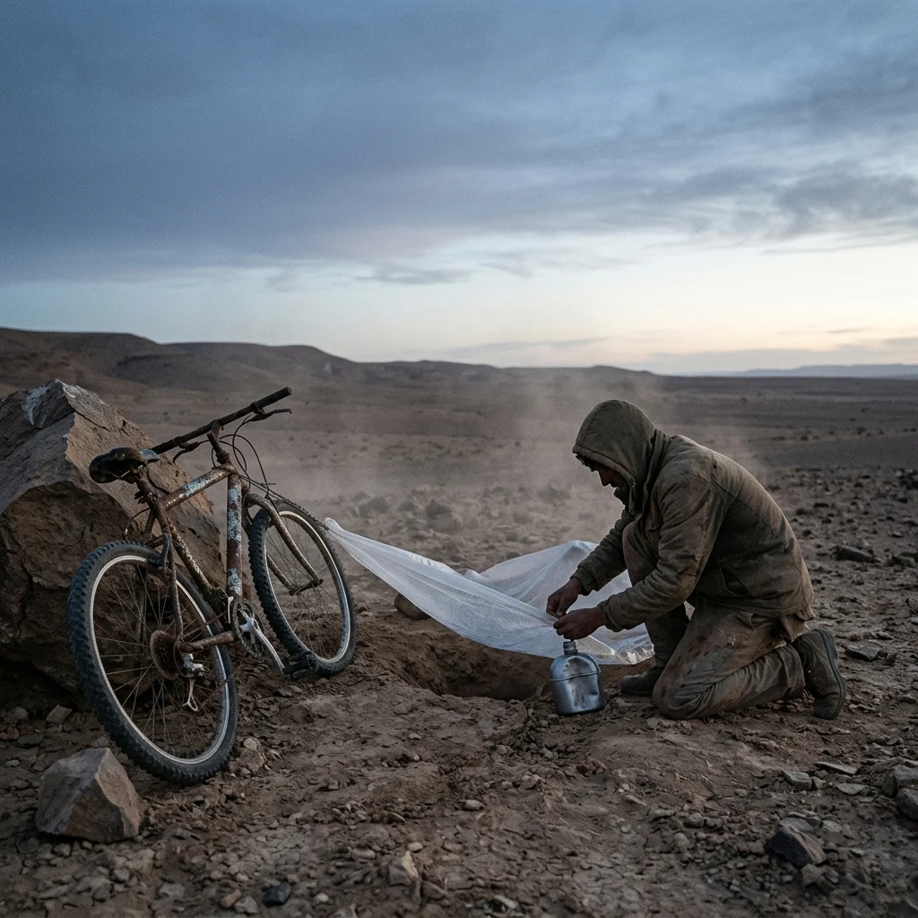 A subsistence survivor collecting morning dew from a plastic sheet trap draped over a…