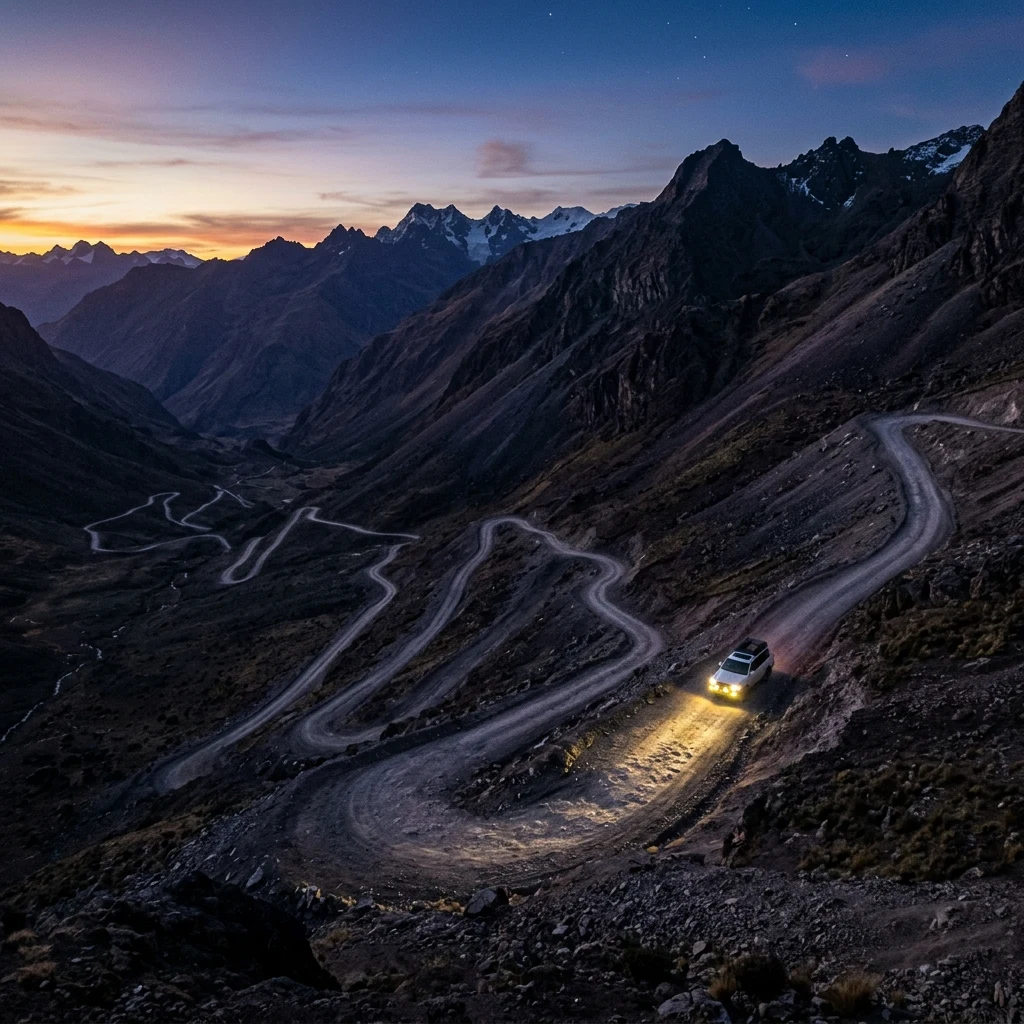 A 4x5 large-format view of winding dirt switchbacks climbing up a barren Andean mountain…