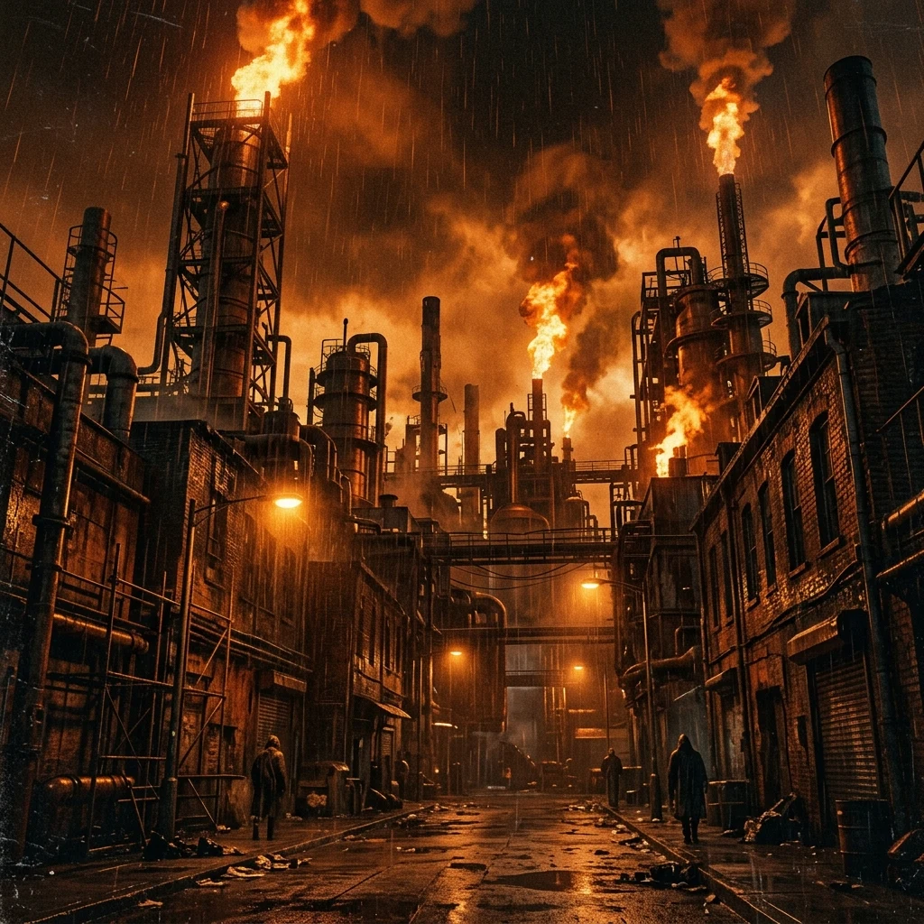 A gloomy, smog-choked city skyline under a perpetual dark orange rainstorm, giant flame…