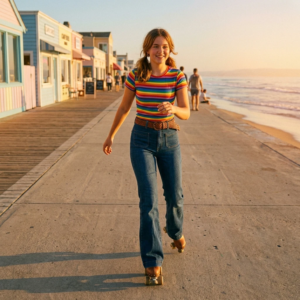 Retro roller skating on a sunny beach path
