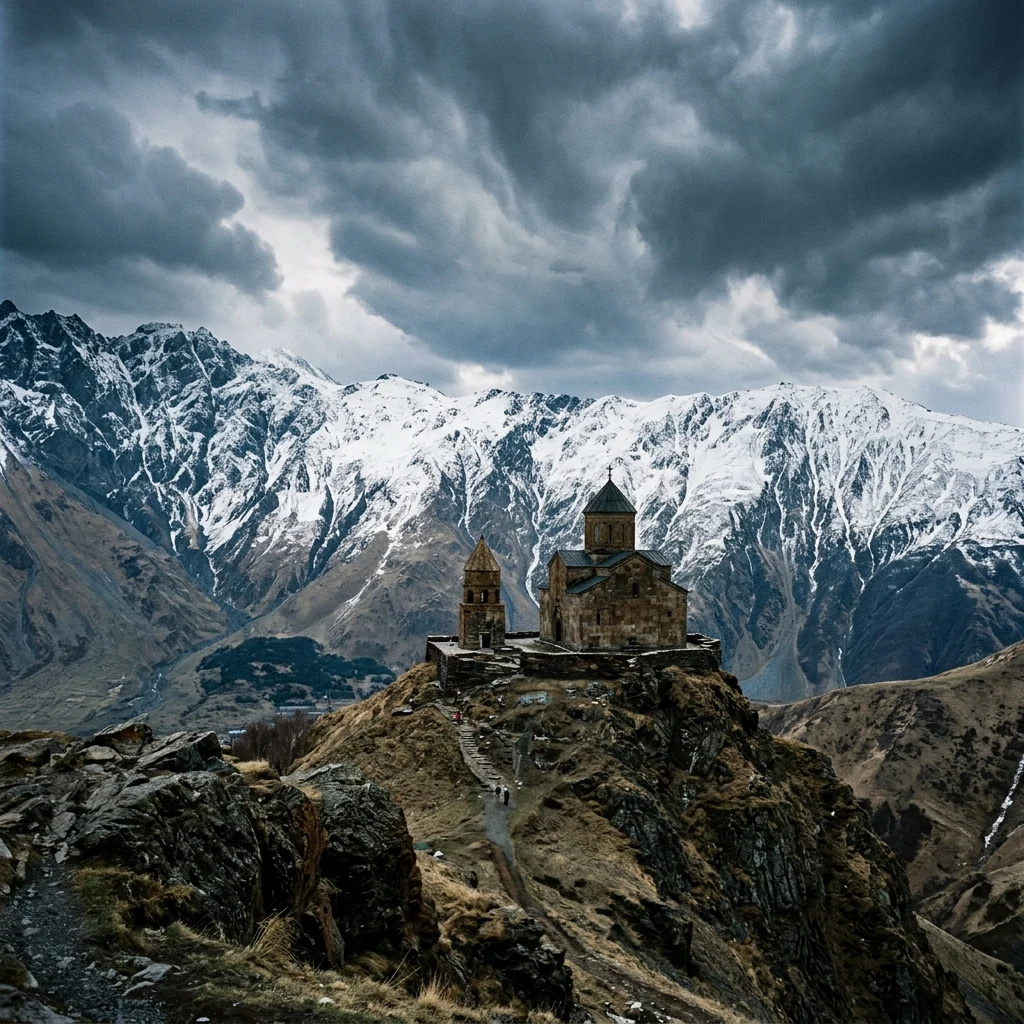 An ancient stone church perched on an isolated hill in the Caucasus Mountains