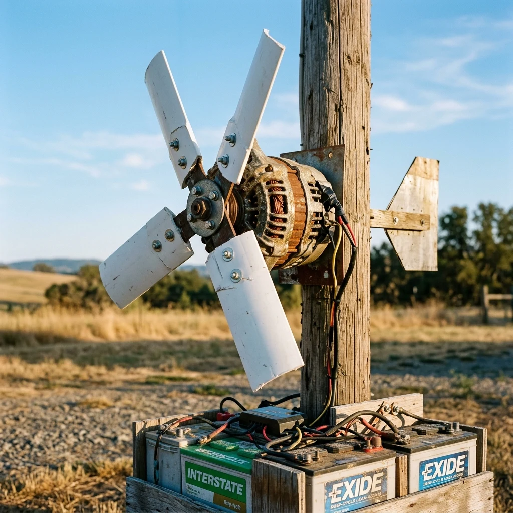 A small wind turbine made from a car alternator and cut-open plastic PVC sewer pipes…
