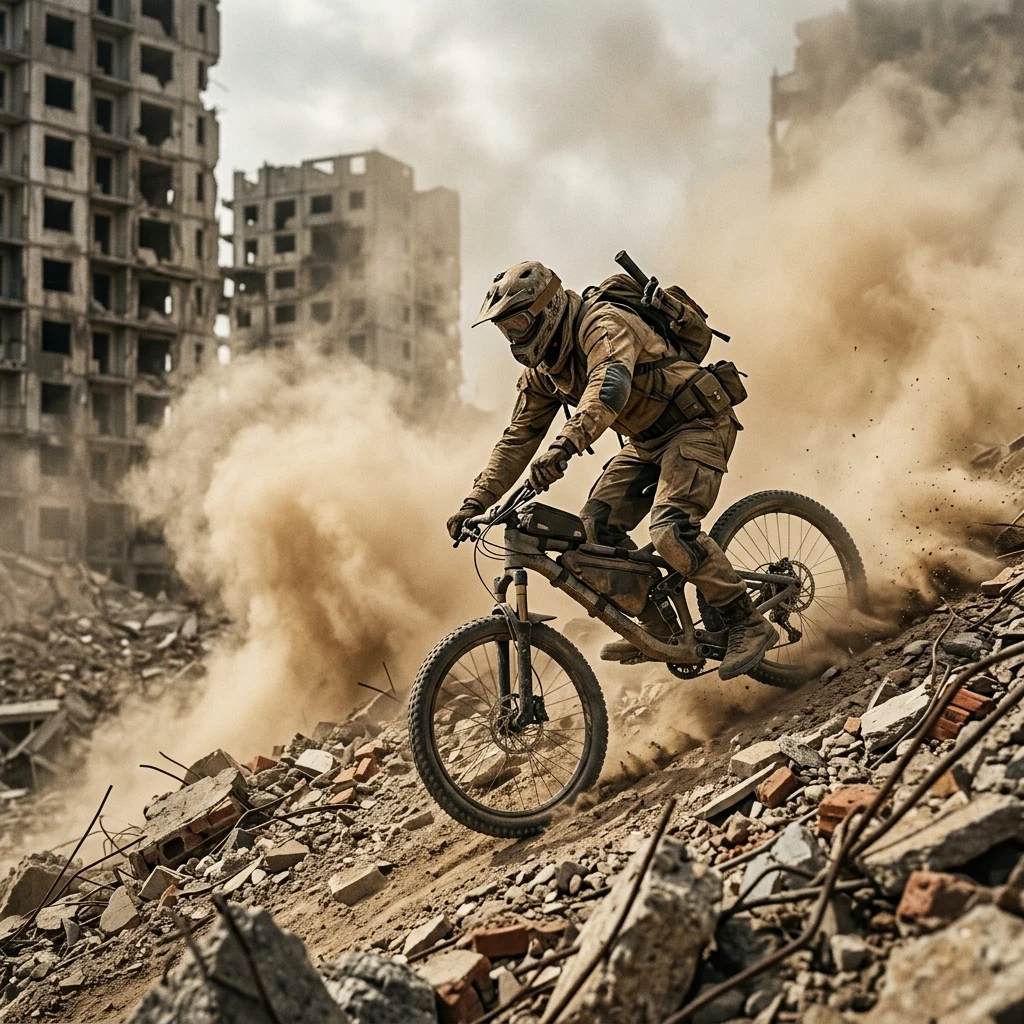 A desert scavenger navigating a mountain bike down a steep pile of crushed masonry and…