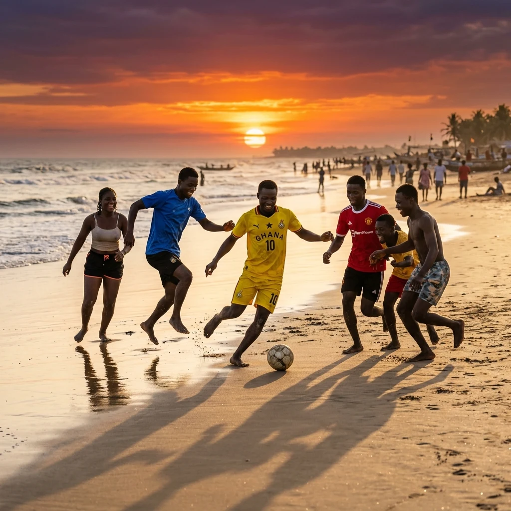 A group of friends playing beach football on the wide sands of Grand-Bassam