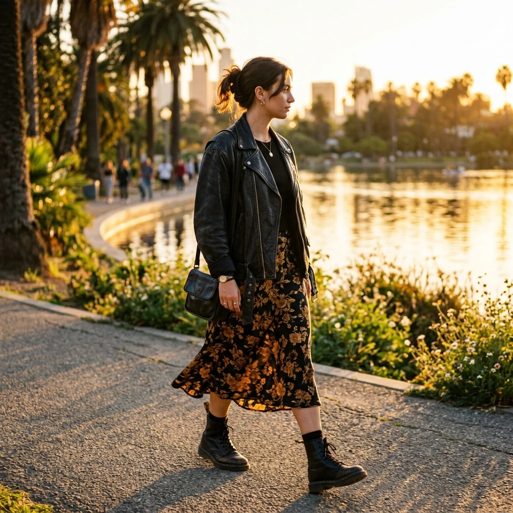 A woman in a slip skirt over a long-sleeve baby tee with chunky boots and a thrifted…