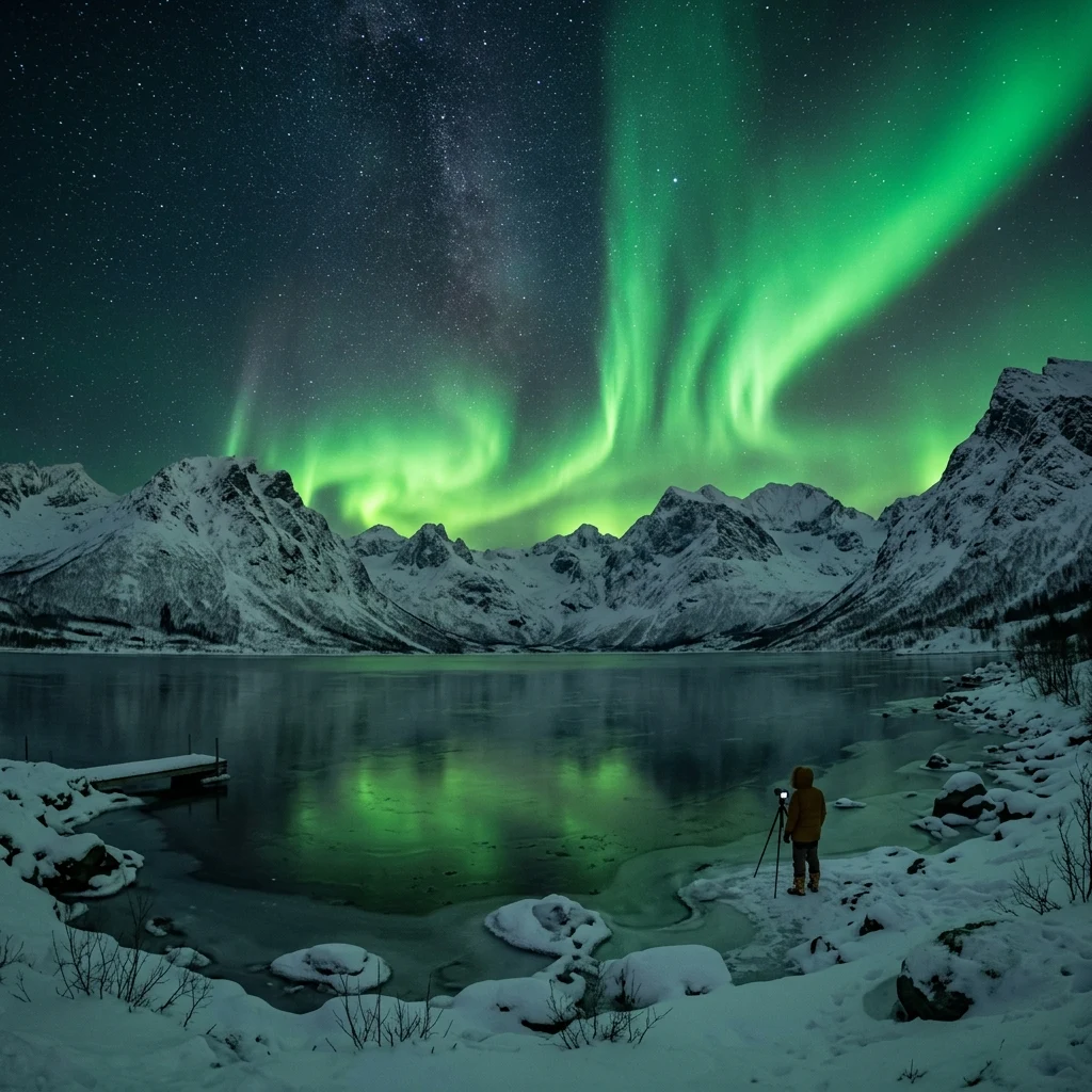 Green northern lights dancing in curtains over the snow-covered peaks and frozen lakes of…