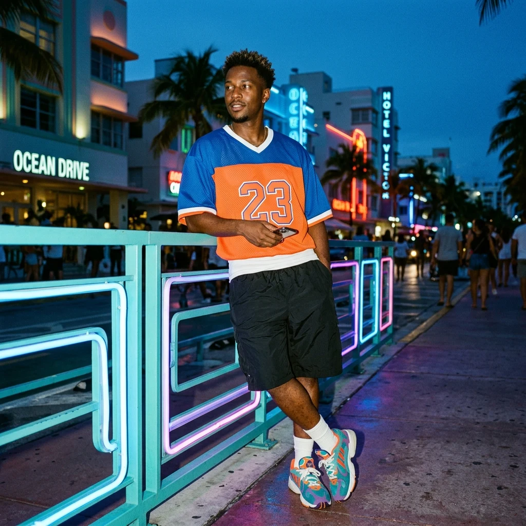 Streetwear lookbook on a city boardwalk