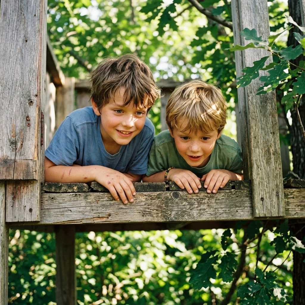 Two boys aged seven and nine sitting in a treehouse trapdoor looking down