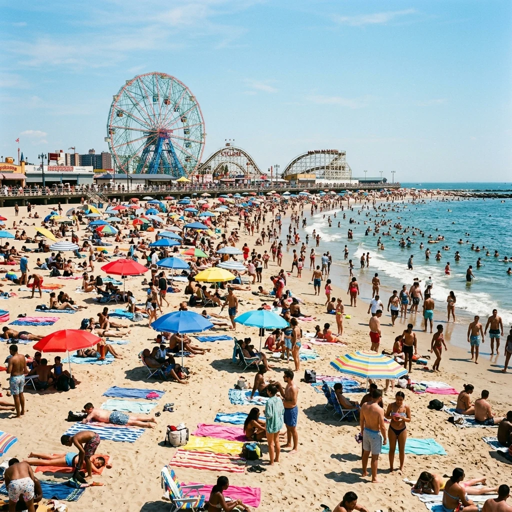 A packed afternoon at Coney Island Beach in Brooklyn