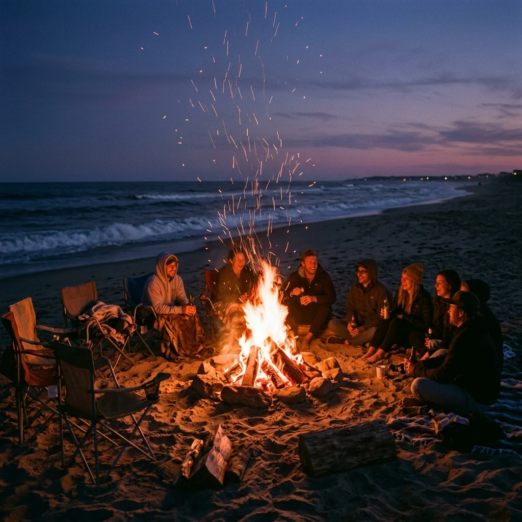 A beach bonfire at last light shot on 35mm with fill flash