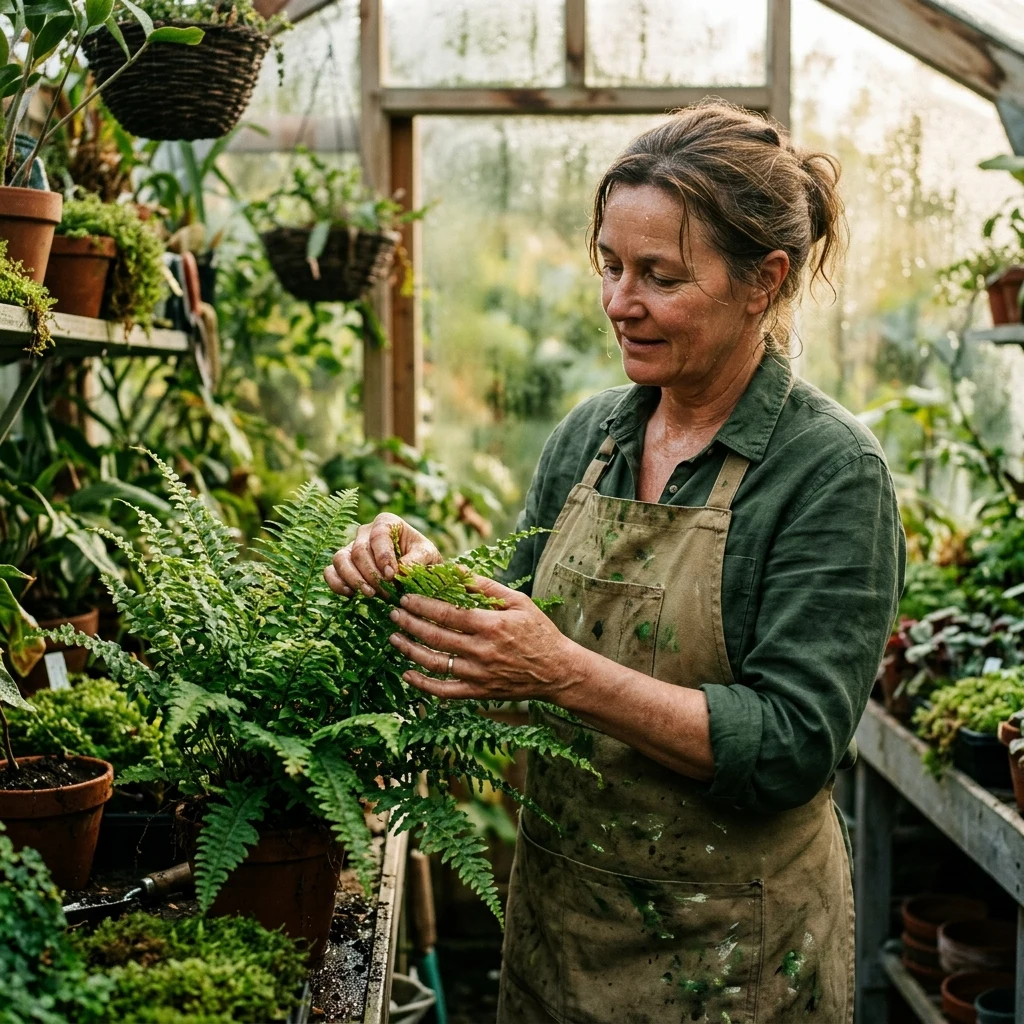 Greenhouse keeper tending to a fern