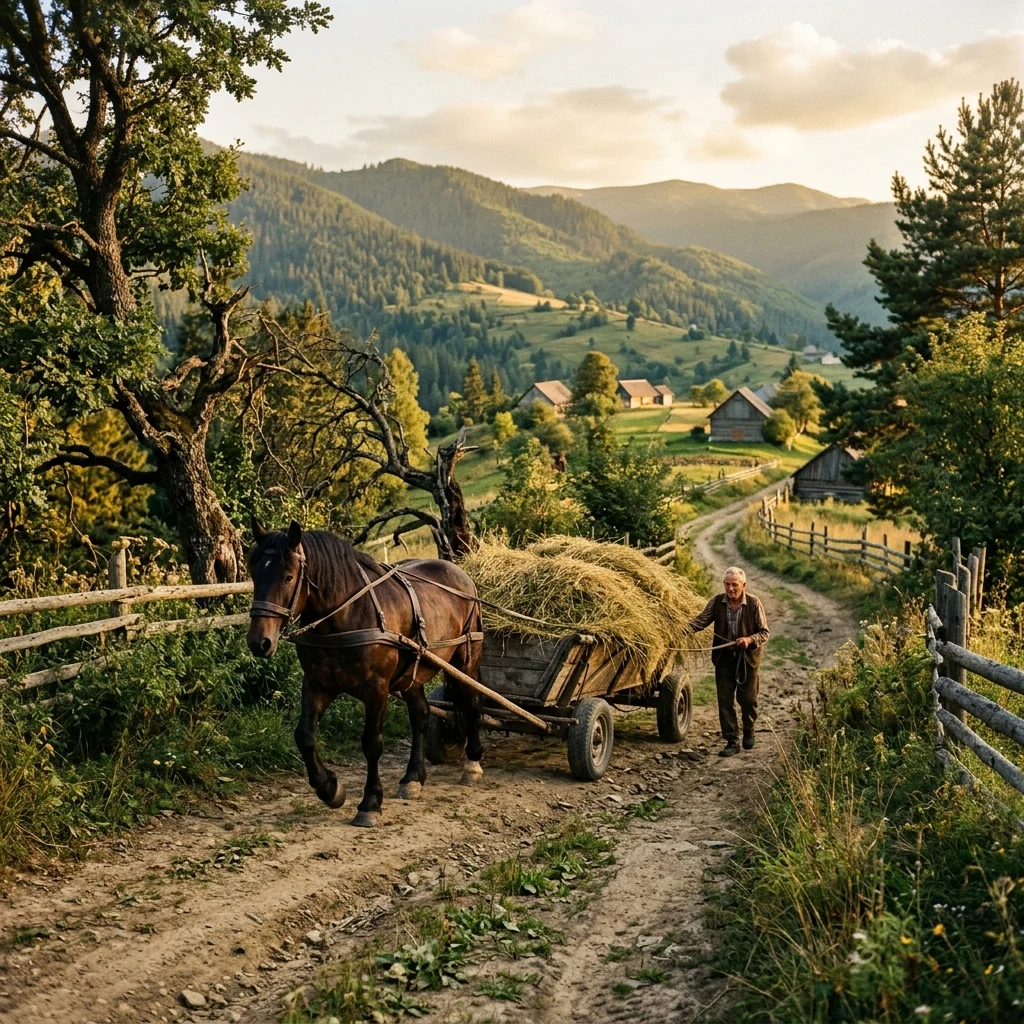 Horse pulling a hay cart through a village