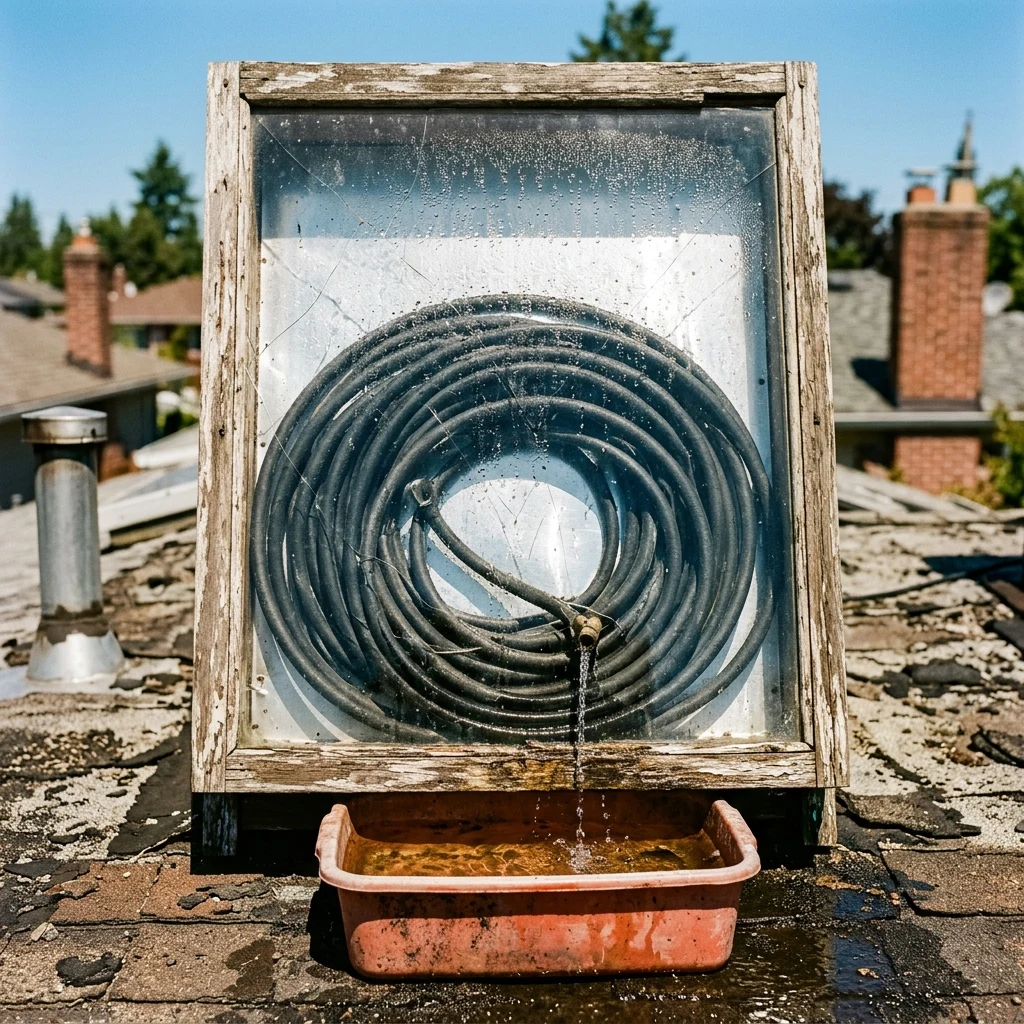 Water heating coil on a sunny rooftop