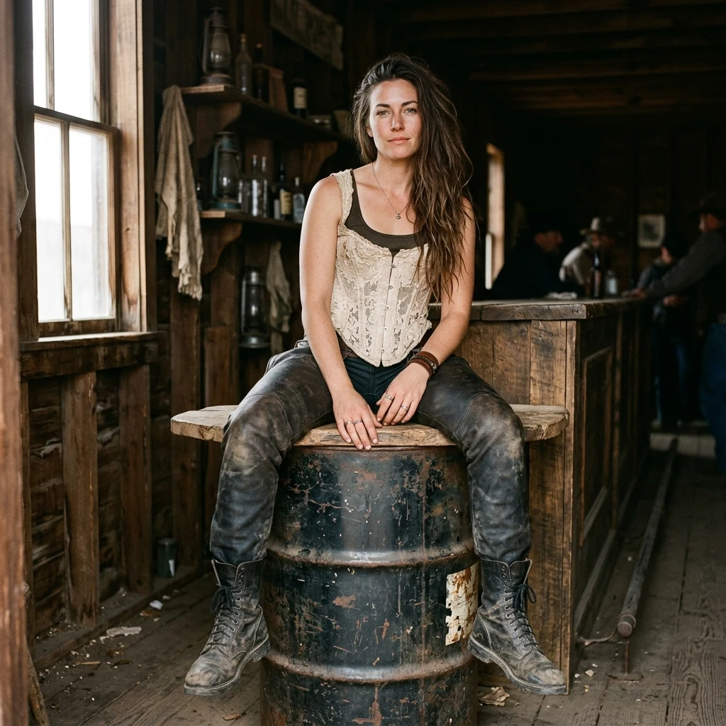 A frontier saloon girl in a distressed lace corset