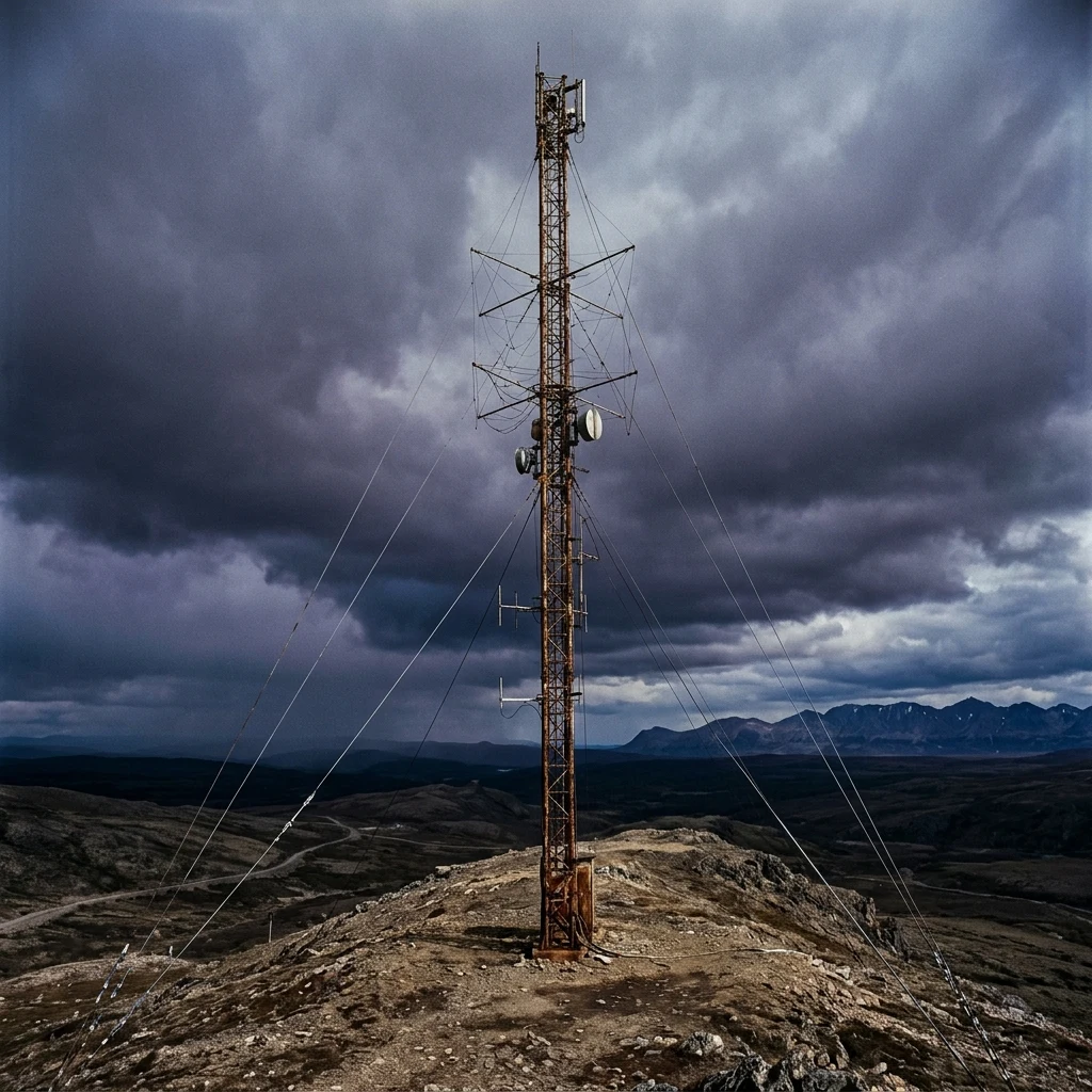 A radio relay tower on a bare ridge