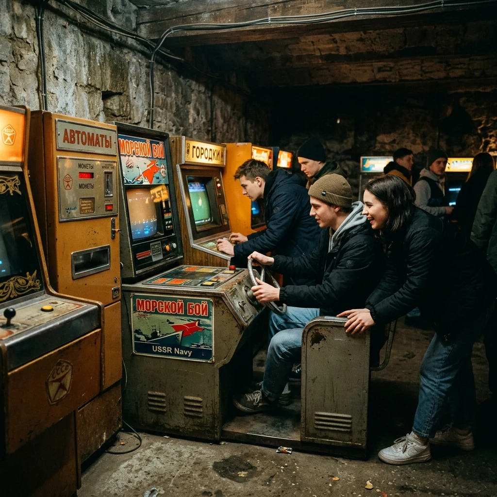 People playing vintage arcade games