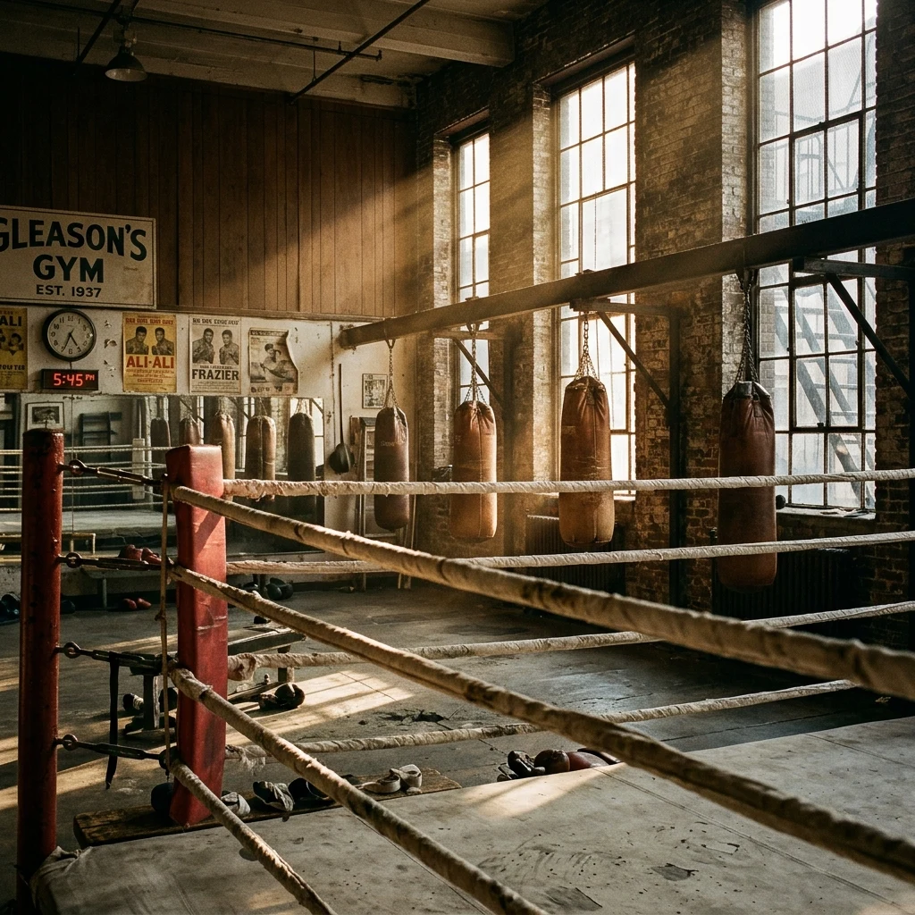 Sunlight streaming into a vintage boxing gym