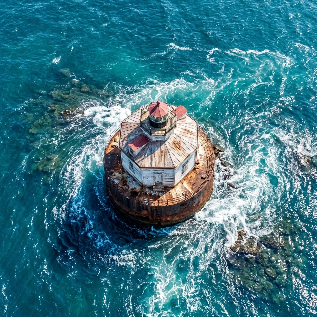 An aerial drone photograph looking straight down at an isolated offshore sparkplug…