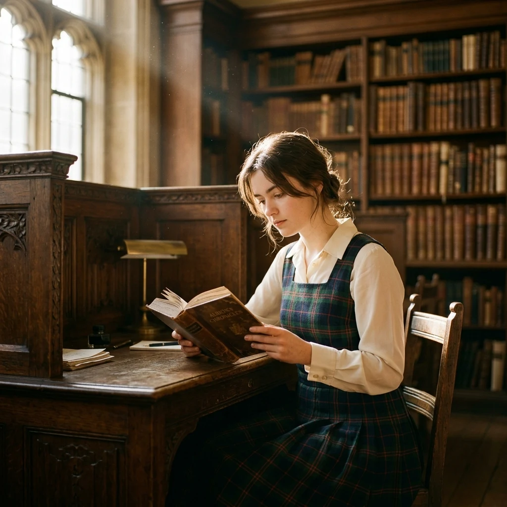 A dark academia style pleated plaid pinafore dress over a crisp collared blouse