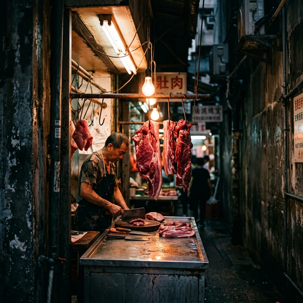 A dimly lit butcher stall in a dark ground-floor corridor of Kowloon Walled City