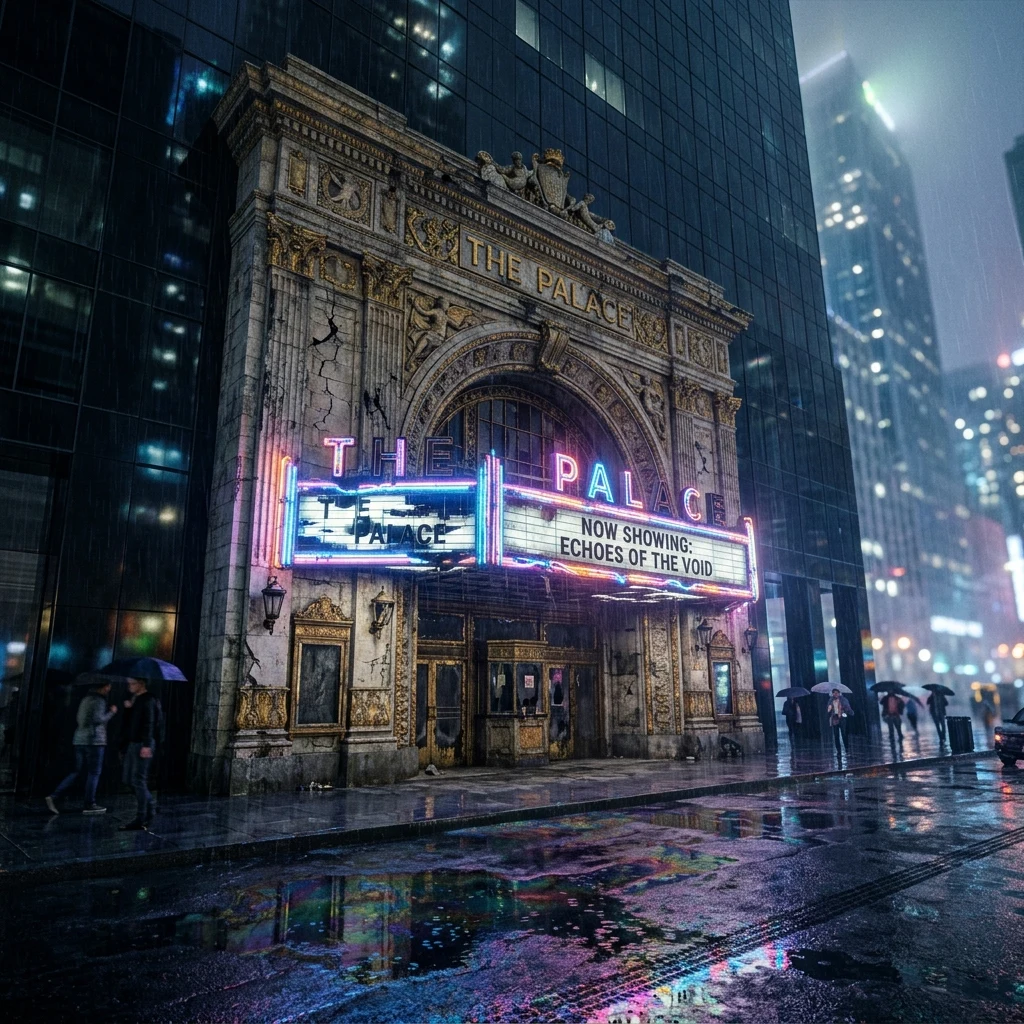 A decaying art deco theater facade integrated into a high-tech skyscraper wall