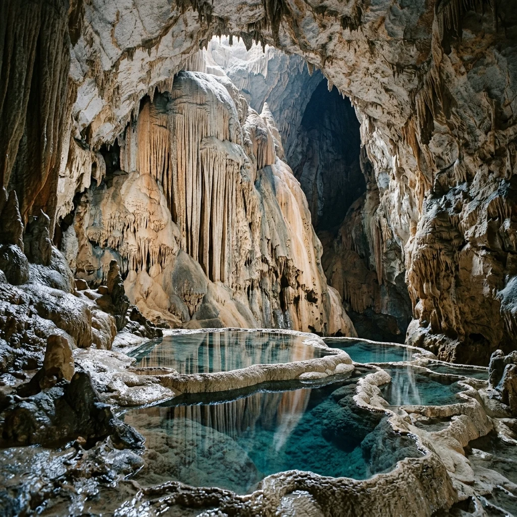 A massive subterranean cathedral cavern featuring a sprawling 'flowstone' frozen…