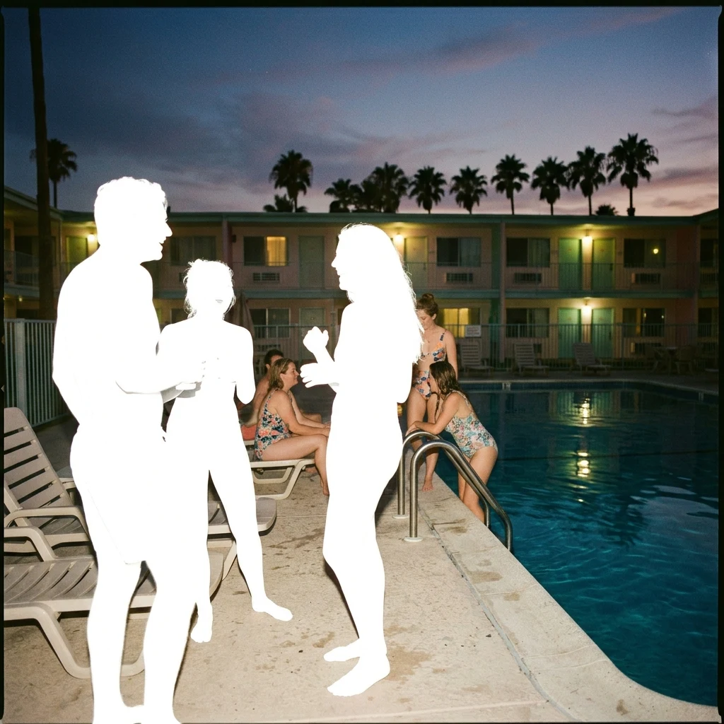 A 1990s disposable camera shot of a motel pool at dusk